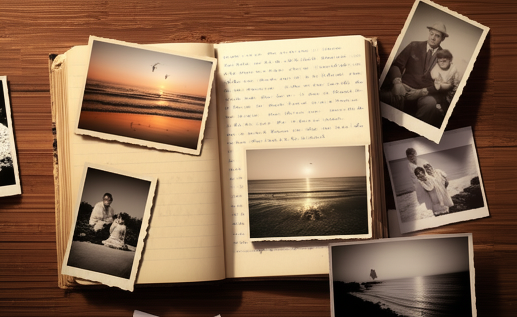 Open journal with family photos scattered around