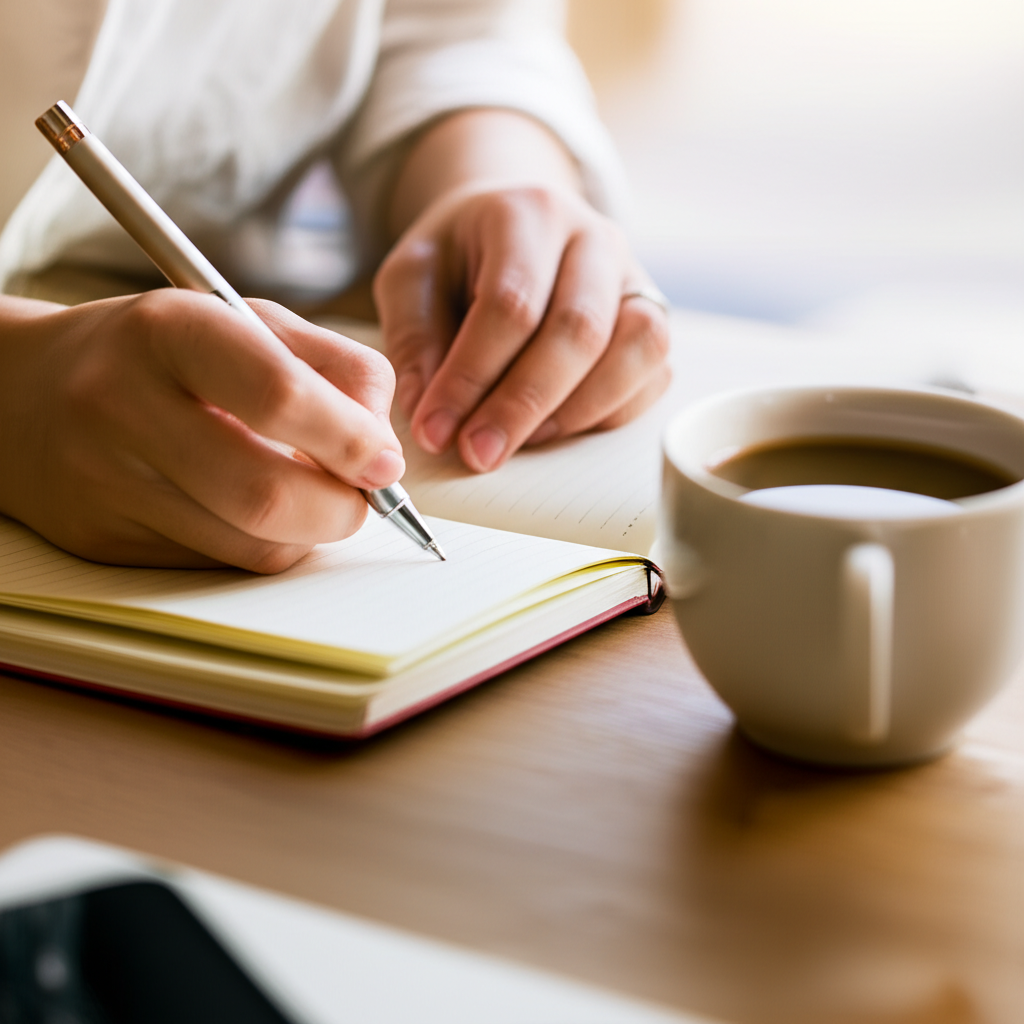 Hands writing in notebook